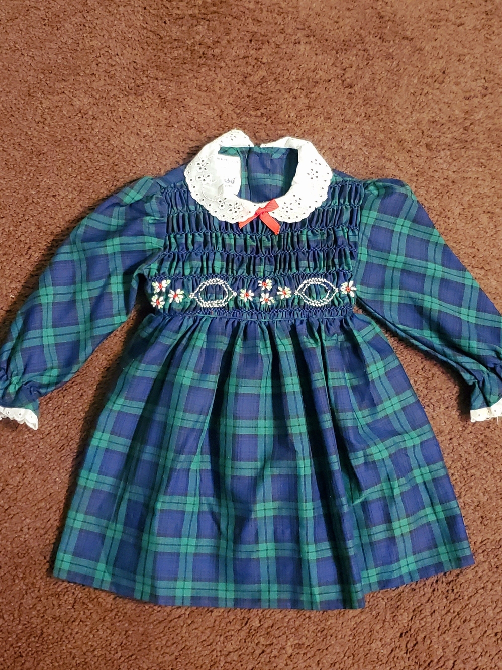 Polly Flinders Vintag Girls Smocked Plaid Dress with White Eyelet Collar Size 3T